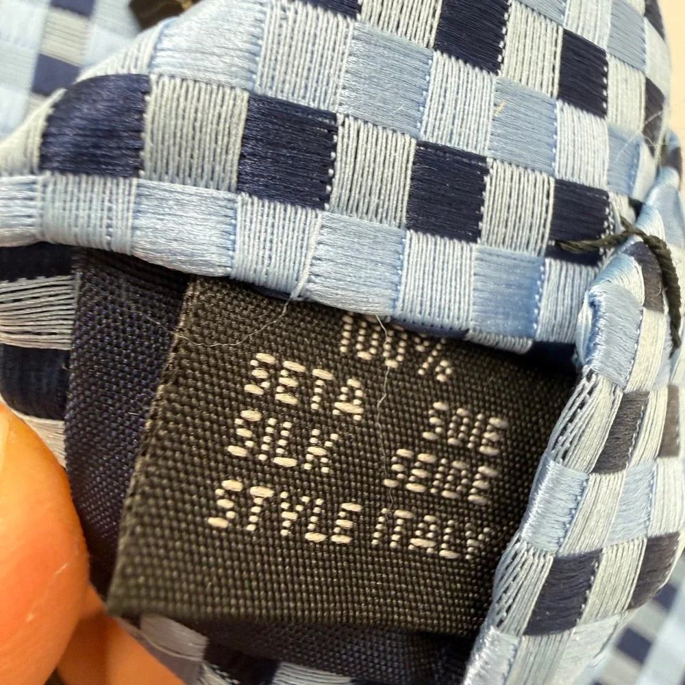 Ermenegildo Zegna Necktie Mens‎ Blue Navy Silk Woven Micro Check Italy 59